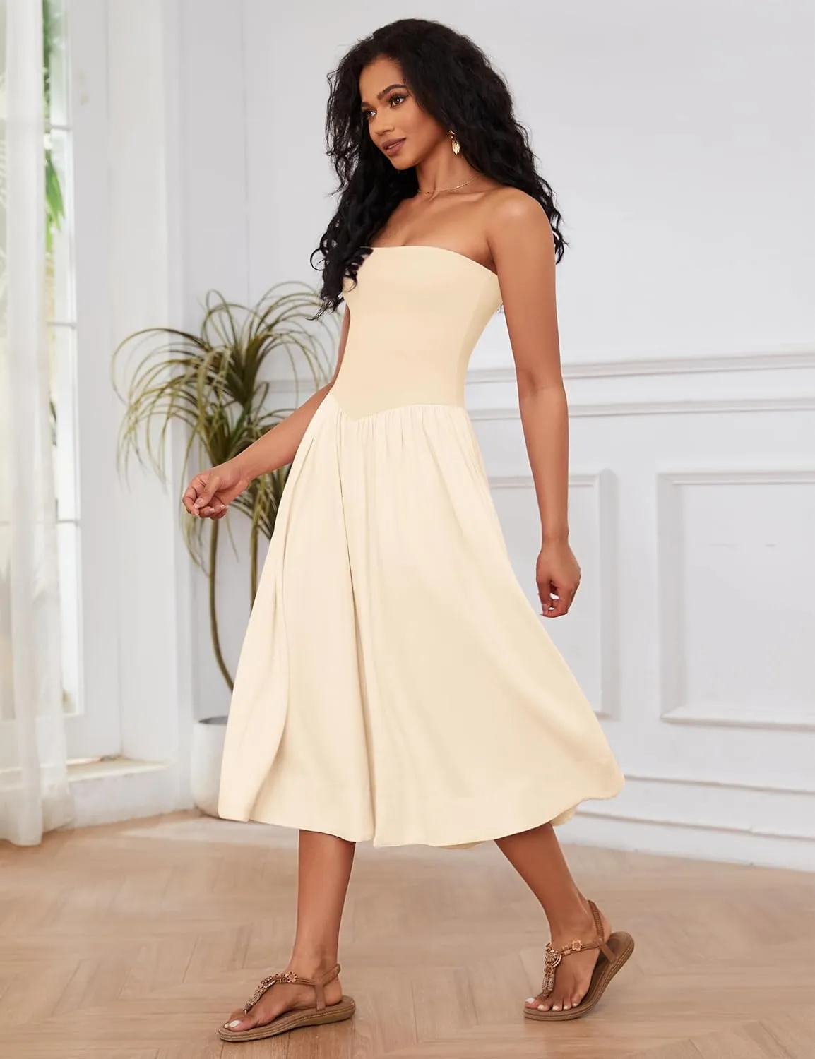 Livtany Women Off Shoulder Midi Dress Strapless Sleeveless Drop-Waist A Line Tube Dress Trendy Summer Swing Patchwork Dress