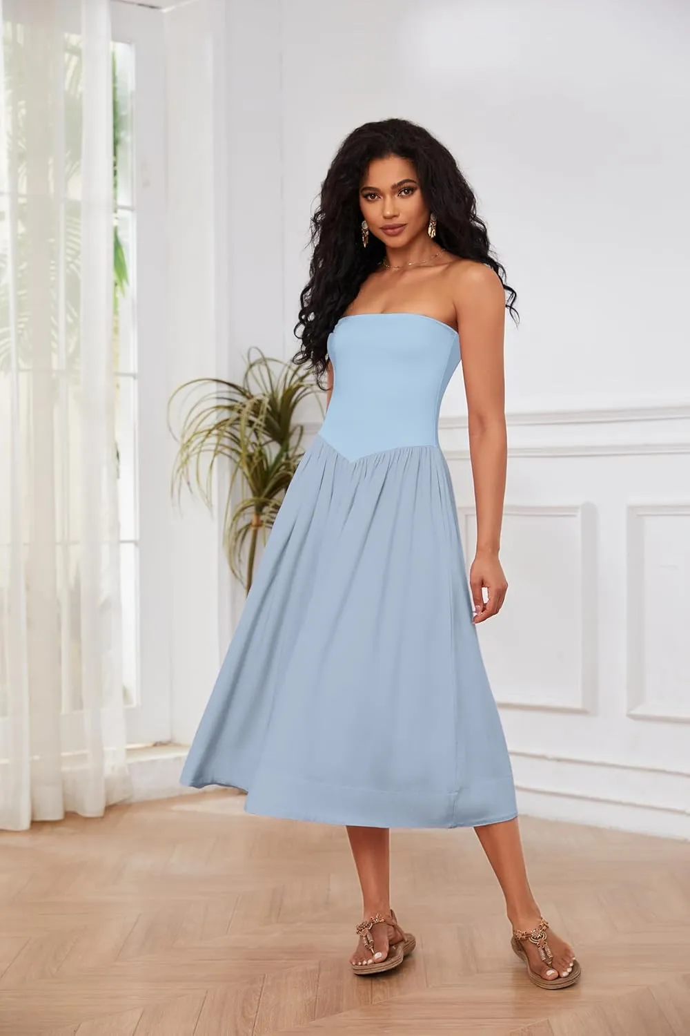 Livtany Women Off Shoulder Midi Dress Strapless Sleeveless Drop-Waist A Line Tube Dress Trendy Summer Swing Patchwork Dress