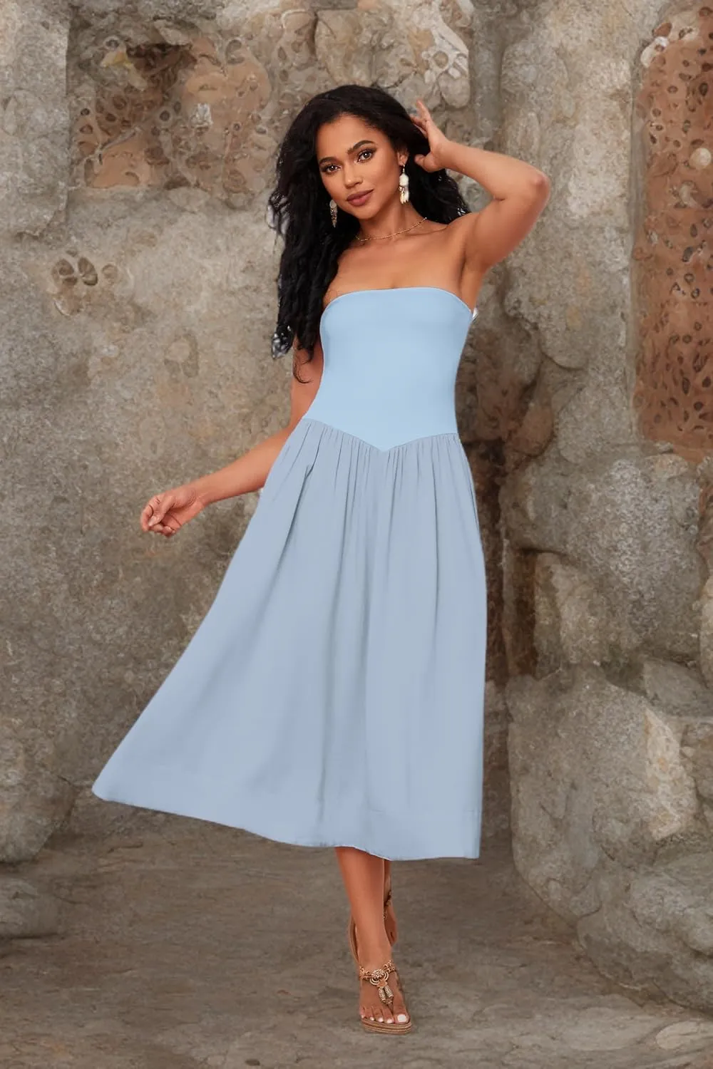Livtany Women Off Shoulder Midi Dress Strapless Sleeveless Drop-Waist A Line Tube Dress Trendy Summer Swing Patchwork Dress