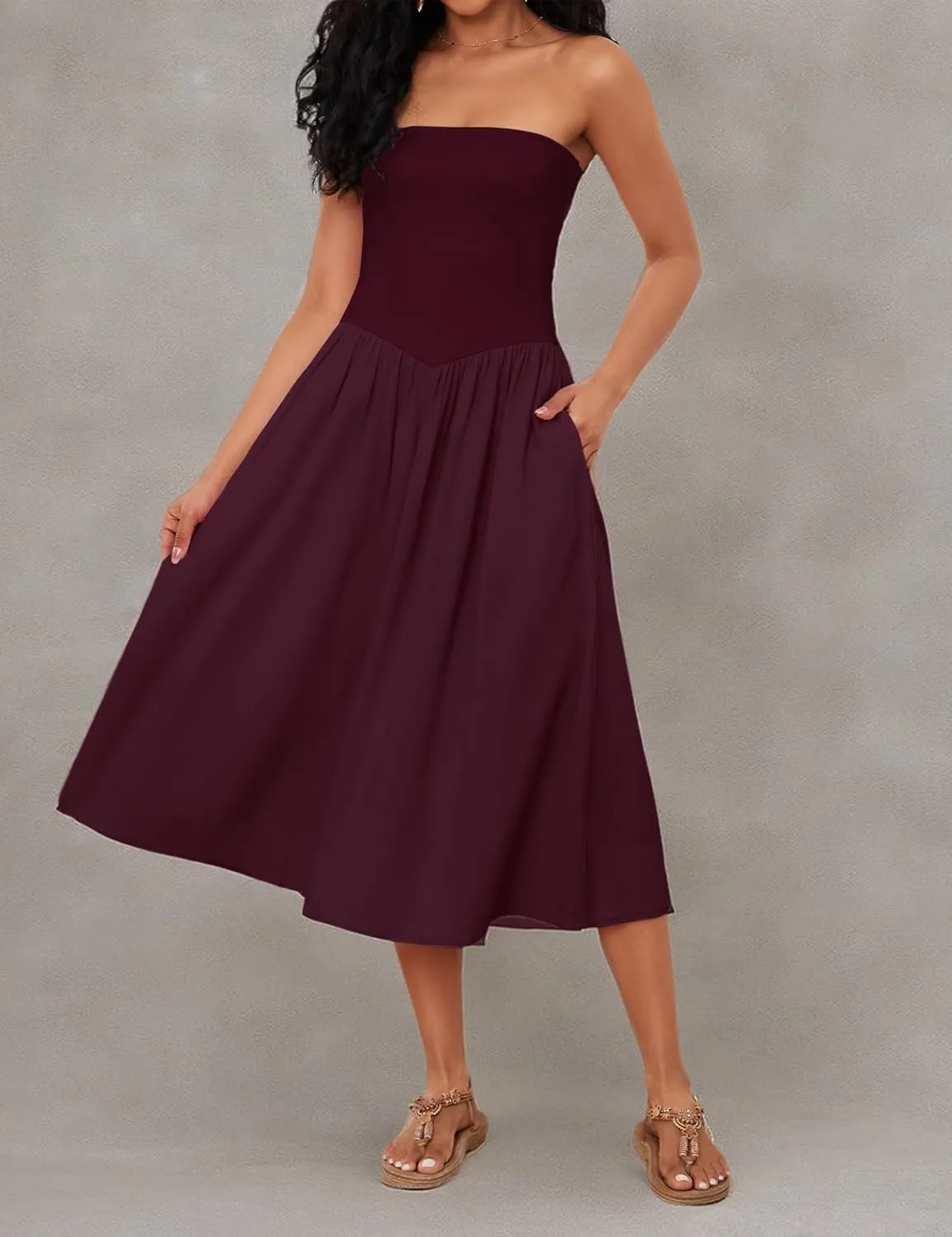 Livtany Women Off Shoulder Midi Dress Strapless Sleeveless Drop-Waist A Line Tube Dress Trendy Summer Swing Patchwork Dress