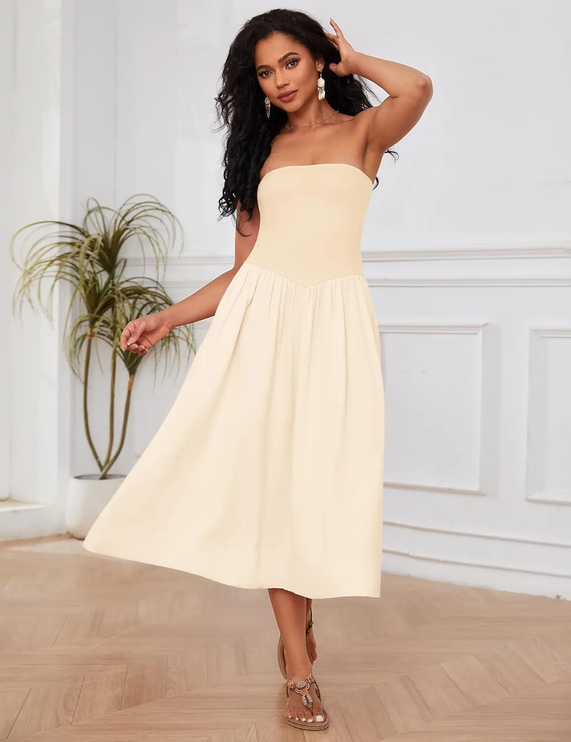 Livtany Women Off Shoulder Midi Dress Strapless Sleeveless Drop-Waist A Line Tube Dress Trendy Summer Swing Patchwork Dress