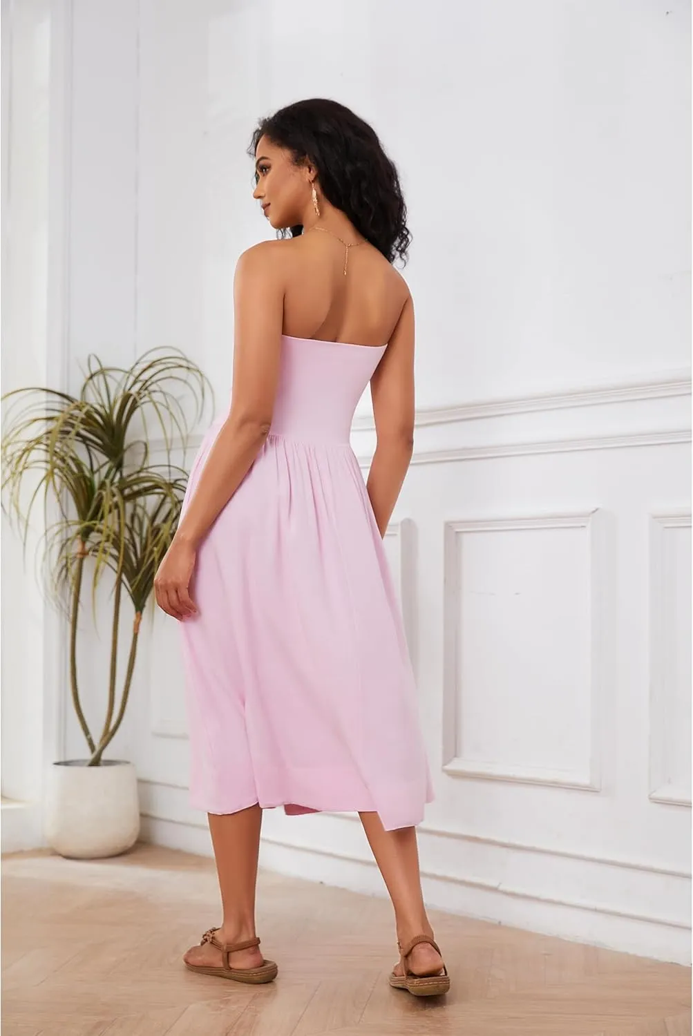 Livtany Women Off Shoulder Midi Dress Strapless Sleeveless Drop-Waist A Line Tube Dress Trendy Summer Swing Patchwork Dress
