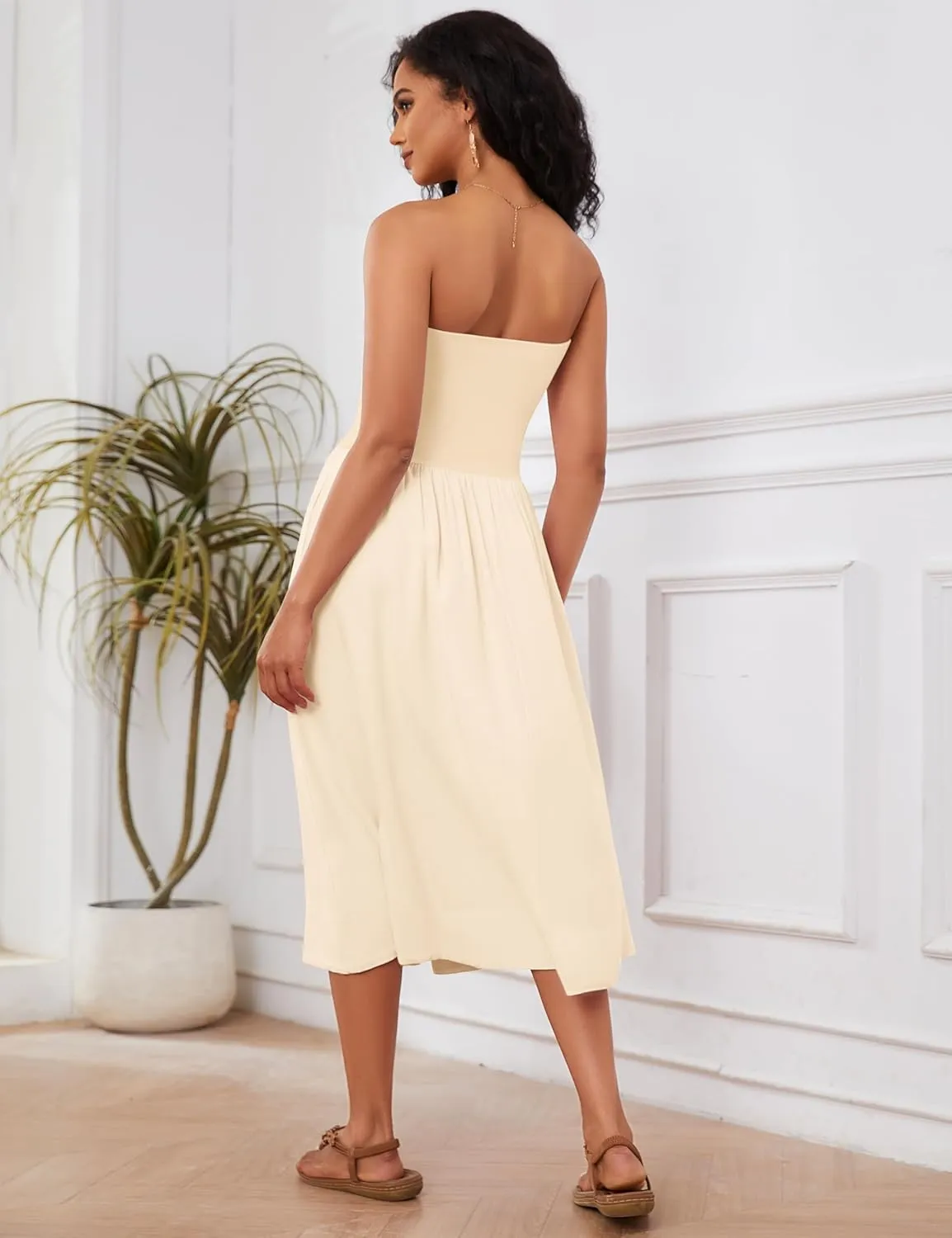 Livtany Women Off Shoulder Midi Dress Strapless Sleeveless Drop-Waist A Line Tube Dress Trendy Summer Swing Patchwork Dress