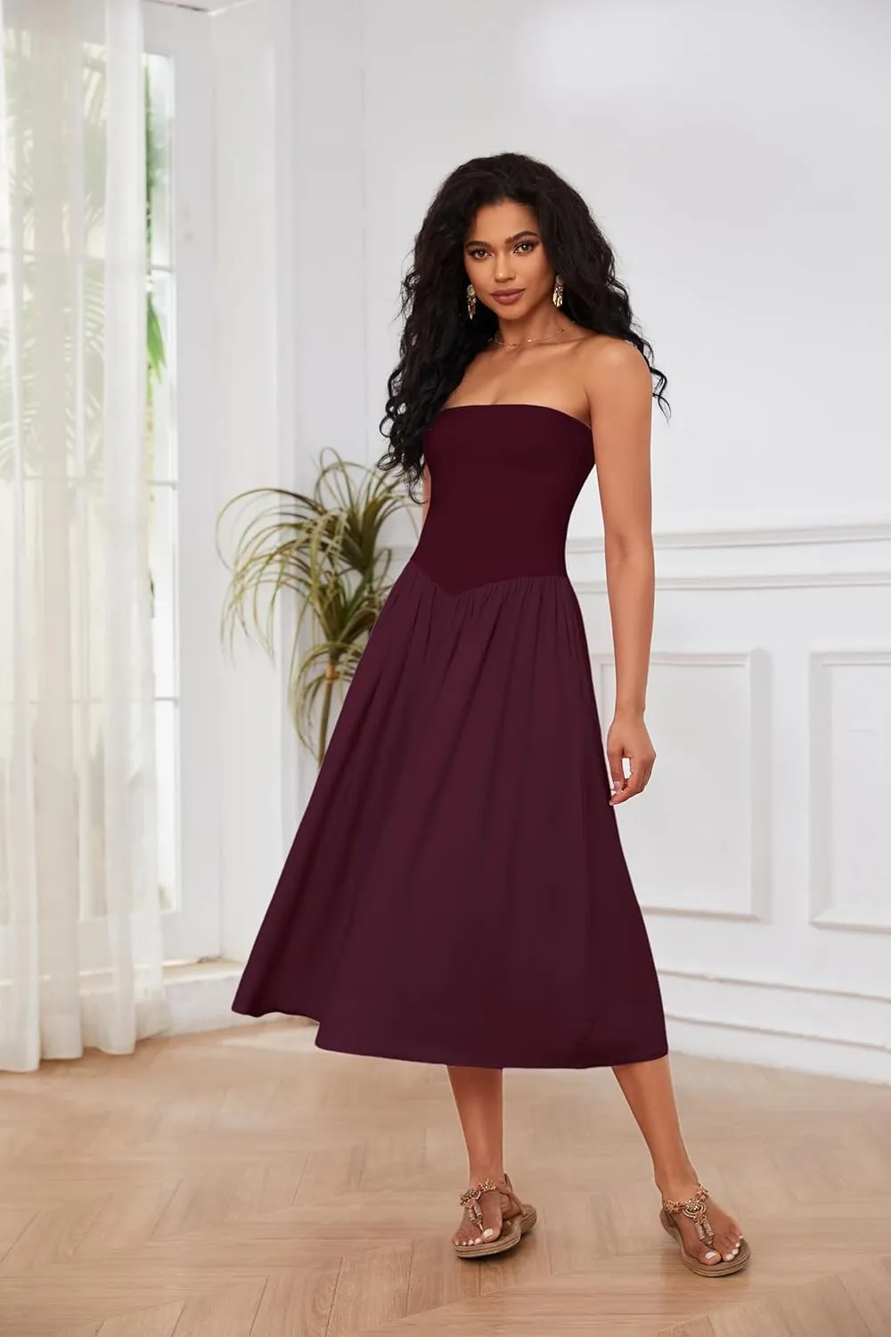 Livtany Women Off Shoulder Midi Dress Strapless Sleeveless Drop-Waist A Line Tube Dress Trendy Summer Swing Patchwork Dress