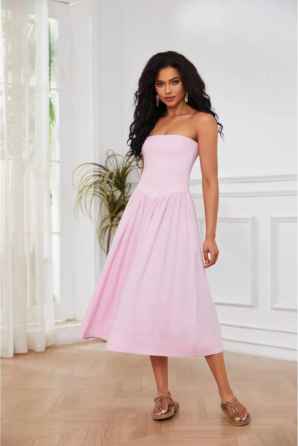 Livtany Women Off Shoulder Midi Dress Strapless Sleeveless Drop-Waist A Line Tube Dress Trendy Summer Swing Patchwork Dress