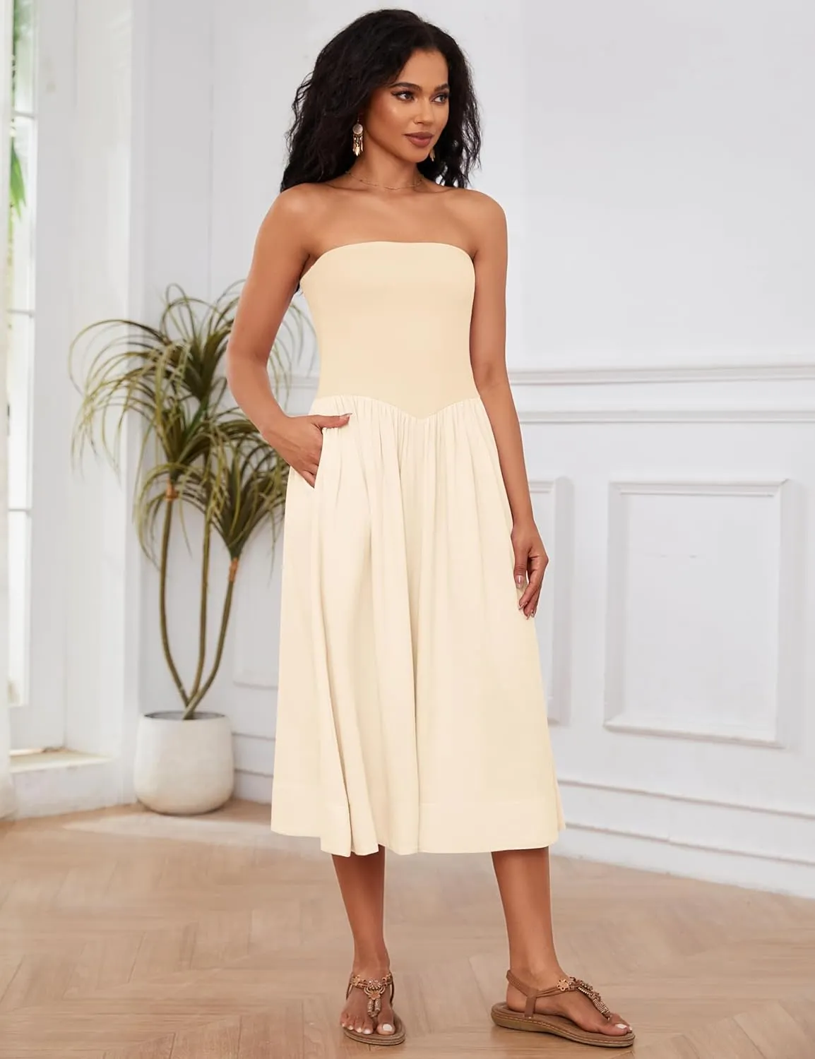 Livtany Women Off Shoulder Midi Dress Strapless Sleeveless Drop-Waist A Line Tube Dress Trendy Summer Swing Patchwork Dress