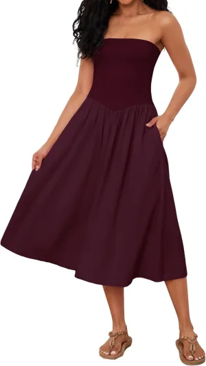 Livtany Women Off Shoulder Midi Dress Strapless Sleeveless Drop-Waist A Line Tube Dress Trendy Summer Swing Patchwork Dress