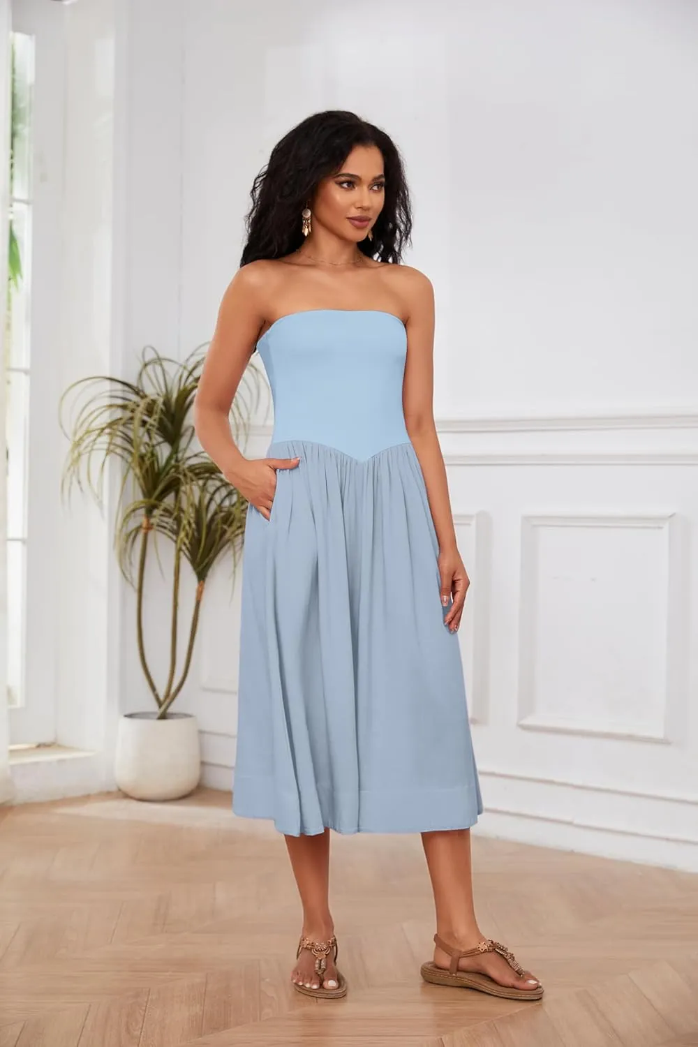 Livtany Women Off Shoulder Midi Dress Strapless Sleeveless Drop-Waist A Line Tube Dress Trendy Summer Swing Patchwork Dress