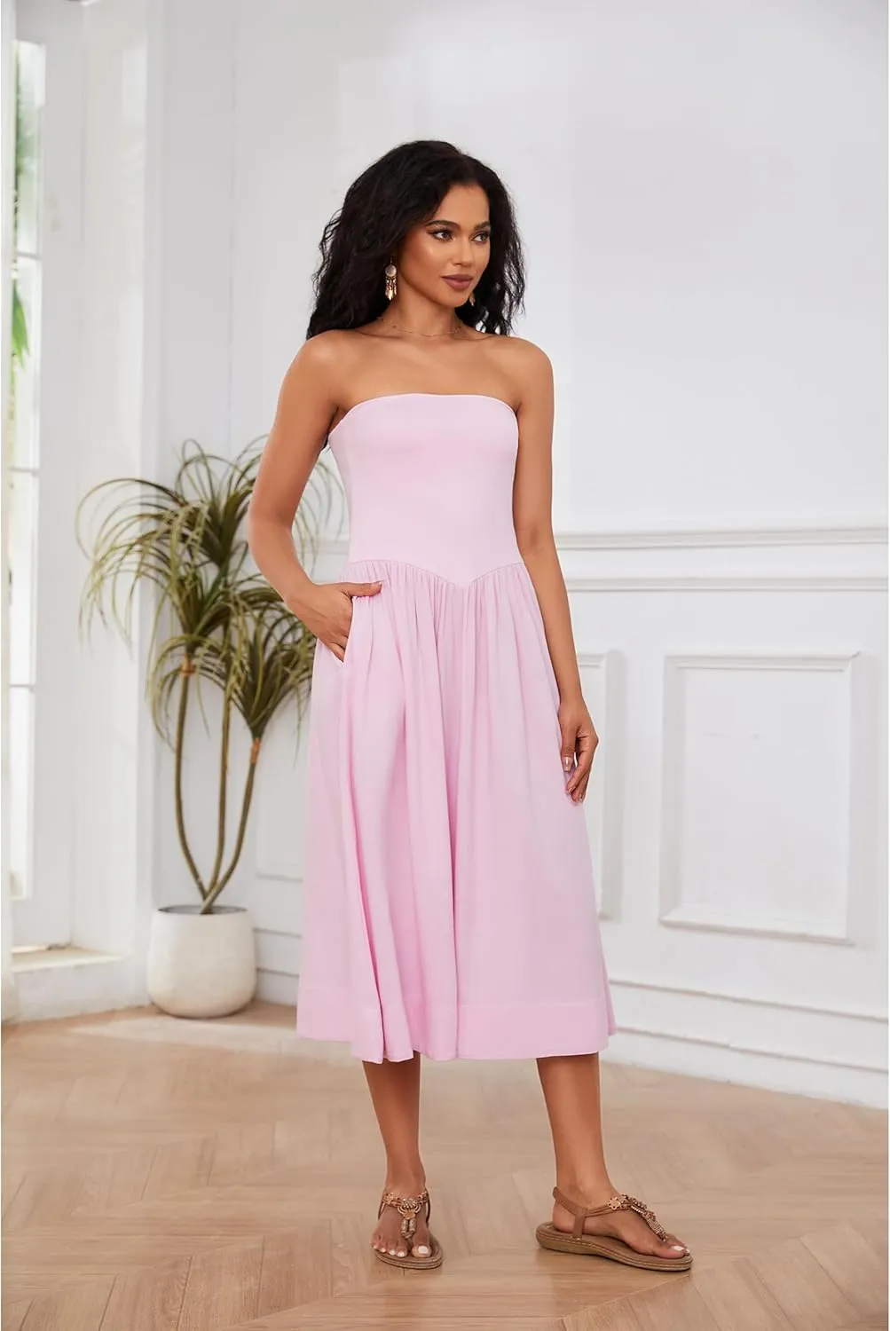 Livtany Women Off Shoulder Midi Dress Strapless Sleeveless Drop-Waist A Line Tube Dress Trendy Summer Swing Patchwork Dress