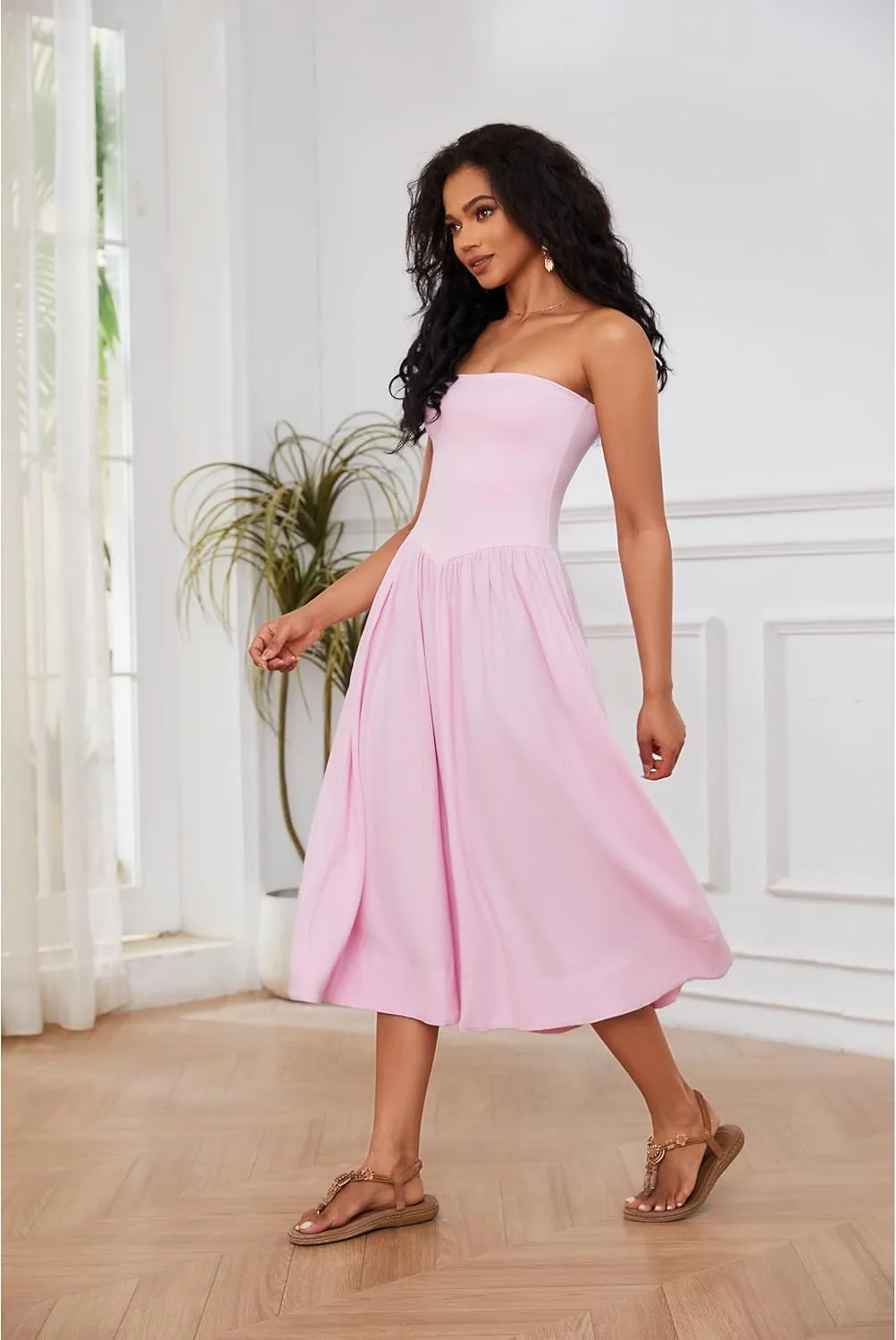 Livtany Women Off Shoulder Midi Dress Strapless Sleeveless Drop-Waist A Line Tube Dress Trendy Summer Swing Patchwork Dress
