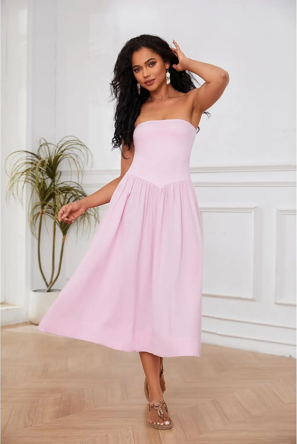 Livtany Women Off Shoulder Midi Dress Strapless Sleeveless Drop-Waist A Line Tube Dress Trendy Summer Swing Patchwork Dress