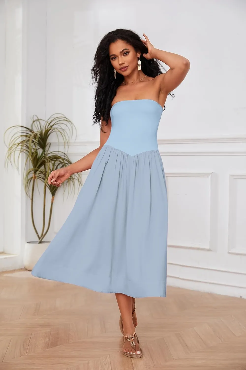 Livtany Women Off Shoulder Midi Dress Strapless Sleeveless Drop-Waist A Line Tube Dress Trendy Summer Swing Patchwork Dress