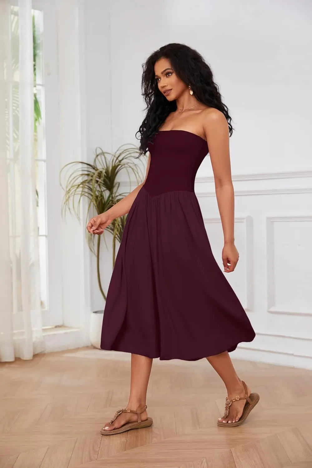 Livtany Women Off Shoulder Midi Dress Strapless Sleeveless Drop-Waist A Line Tube Dress Trendy Summer Swing Patchwork Dress