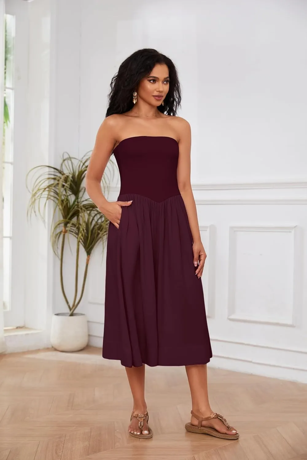 Livtany Women Off Shoulder Midi Dress Strapless Sleeveless Drop-Waist A Line Tube Dress Trendy Summer Swing Patchwork Dress