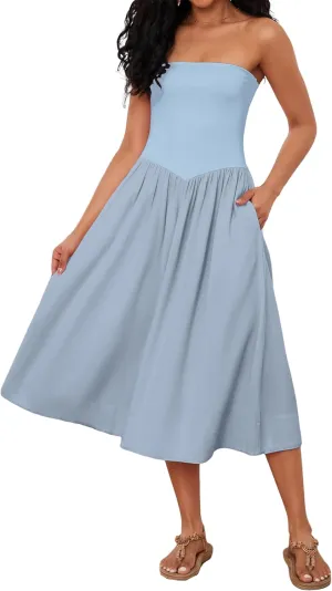 Livtany Women Off Shoulder Midi Dress Strapless Sleeveless Drop-Waist A Line Tube Dress Trendy Summer Swing Patchwork Dress
