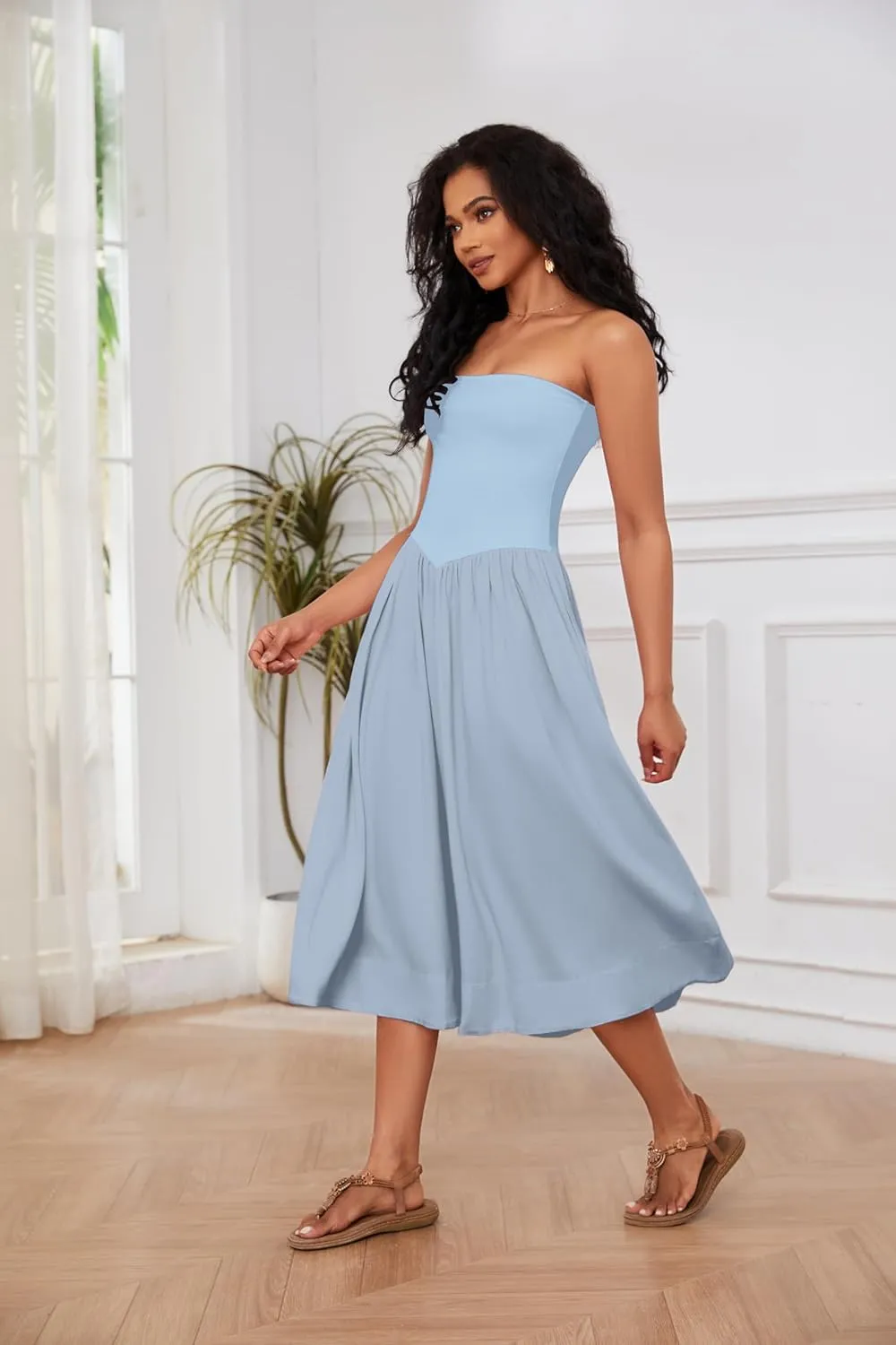 Livtany Women Off Shoulder Midi Dress Strapless Sleeveless Drop-Waist A Line Tube Dress Trendy Summer Swing Patchwork Dress
