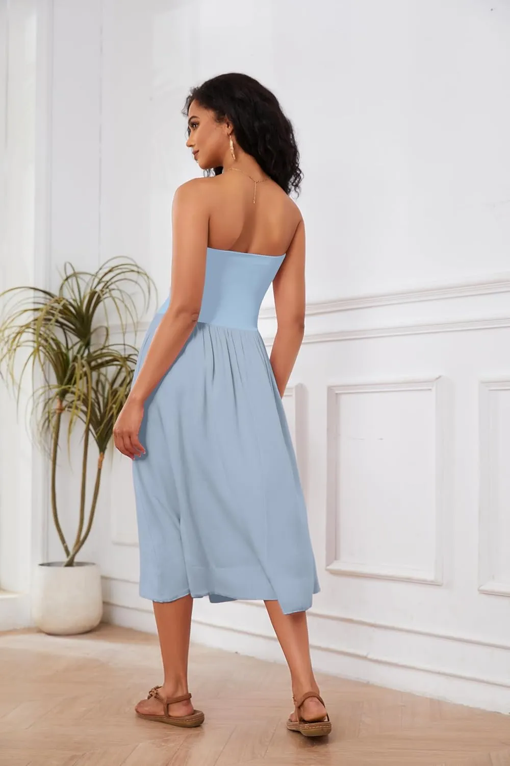 Livtany Women Off Shoulder Midi Dress Strapless Sleeveless Drop-Waist A Line Tube Dress Trendy Summer Swing Patchwork Dress