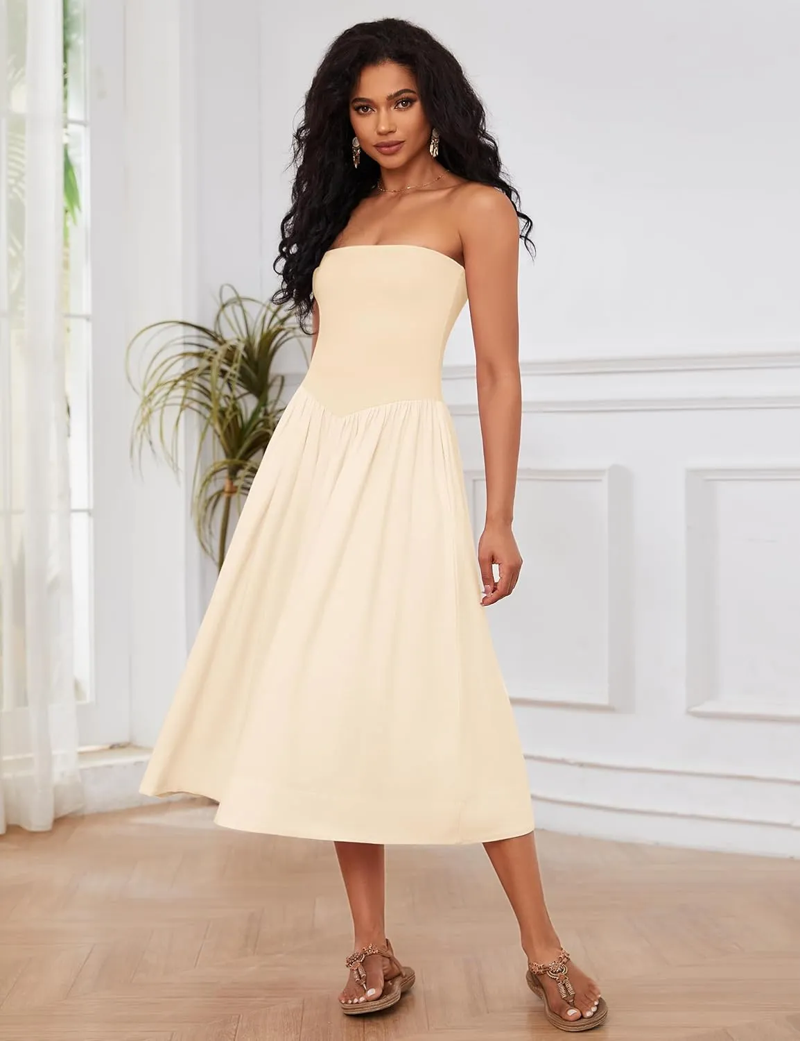 Livtany Women Off Shoulder Midi Dress Strapless Sleeveless Drop-Waist A Line Tube Dress Trendy Summer Swing Patchwork Dress