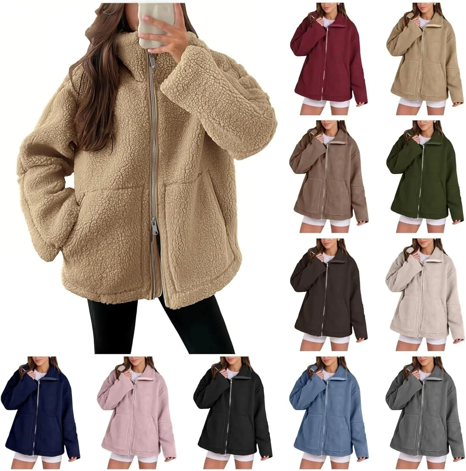 LIYUN Teddy Jacket Women's Winter Teddy Fleece Jacket Double Slider Zip Winter Jacket Leisure Outdoor Fleece Coat