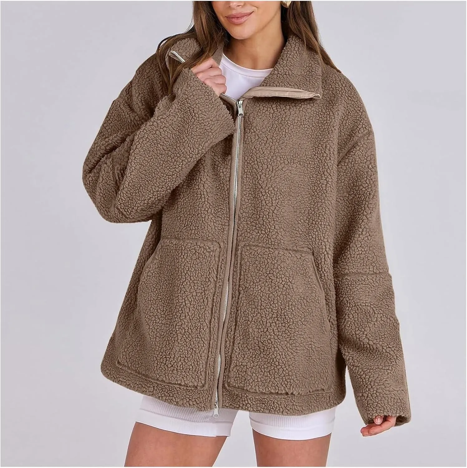 LIYUN Teddy Jacket Women's Winter Teddy Fleece Jacket Double Slider Zip Winter Jacket Leisure Outdoor Fleece Coat