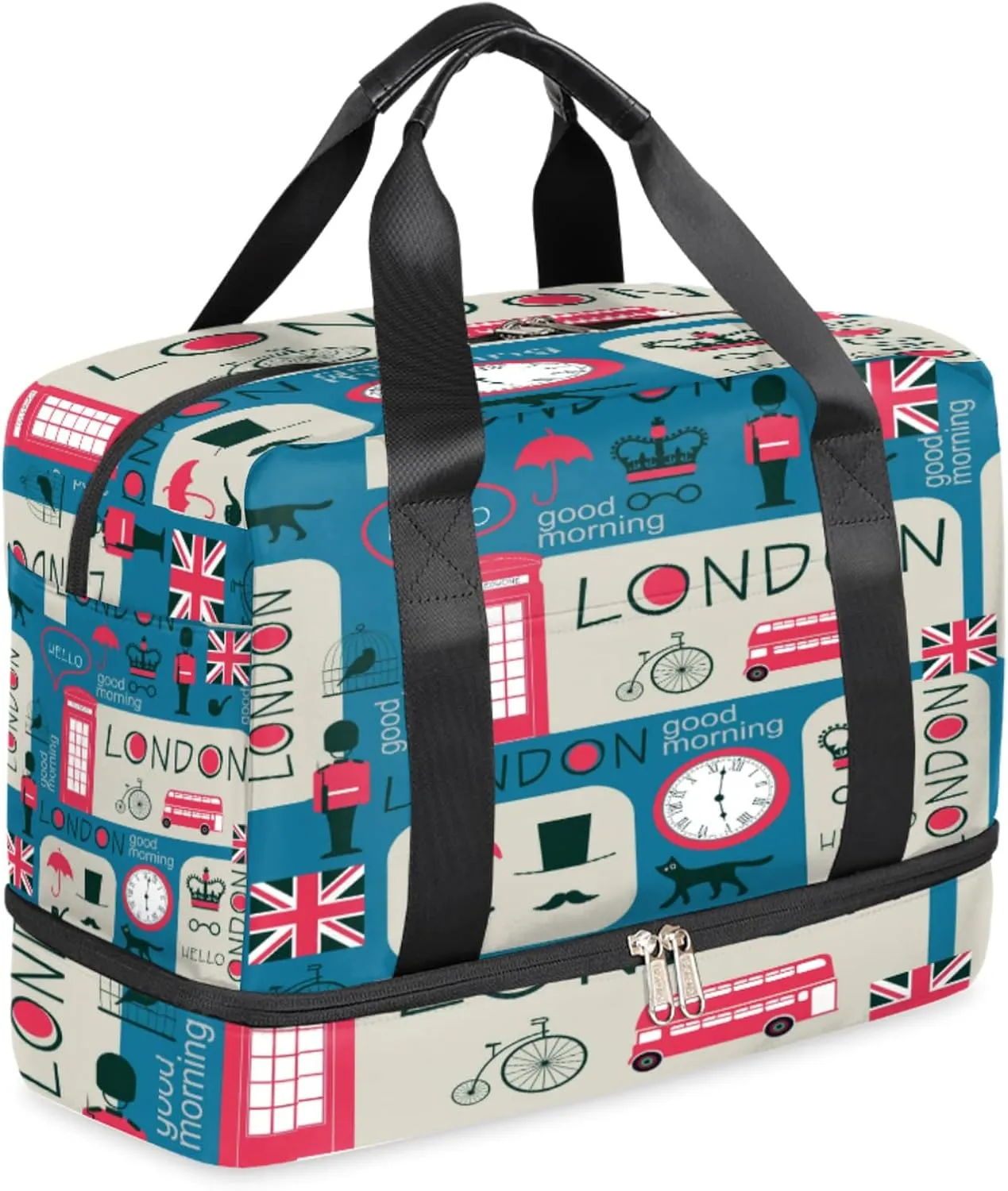 London Bus Union Jack Sports Gym Bag for Men Women UK Flag Cat Telephone Booth Travel Duffel Bag with Shoes Compartment Workout Weekender Overnight Bag Dance Bag for Kids Girls Boys Teens