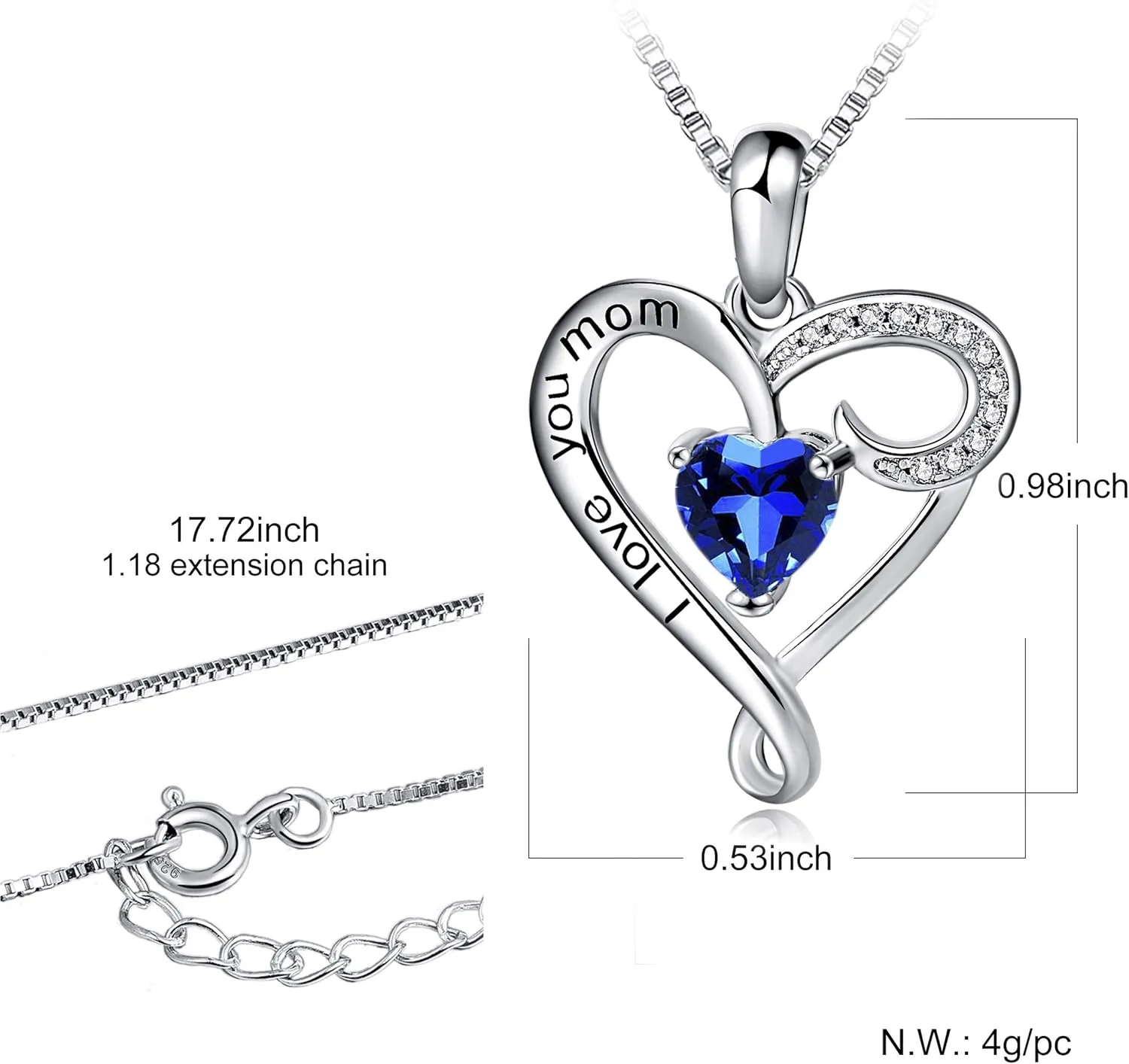 Long Way Mother's Birthday Gift I Love You Mom S925 Sterling Silver Heart Pendant Necklace