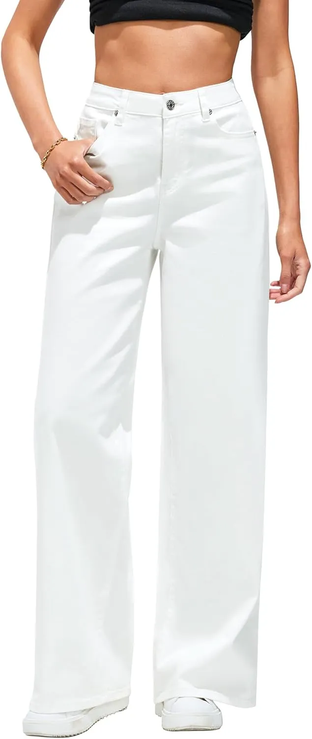 LookbookStore Wide Leg Jeans for Women High Waisted Stretchy Denim Jeans Fashion Baggy Trouser Jean Pants with Pockets