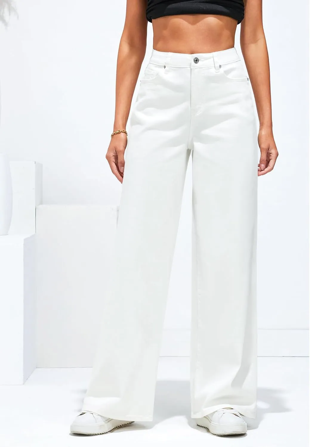 LookbookStore Wide Leg Jeans for Women High Waisted Stretchy Denim Jeans Fashion Baggy Trouser Jean Pants with Pockets
