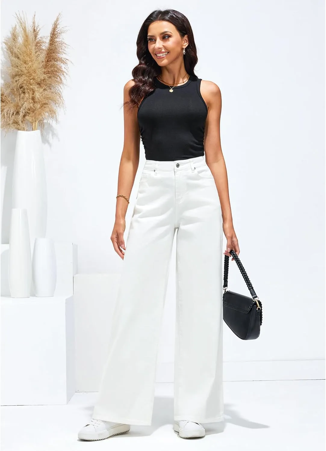 LookbookStore Wide Leg Jeans for Women High Waisted Stretchy Denim Jeans Fashion Baggy Trouser Jean Pants with Pockets