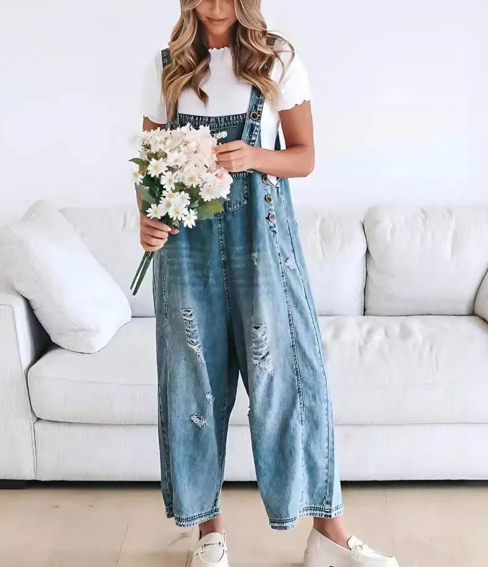 Loose Adjustable Strap Denim Bib Overall for Women Distressed Washed Wide Leg Baggy Jeans Onesies Pant