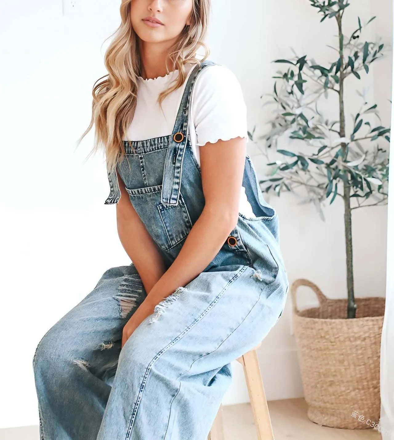 Loose Adjustable Strap Denim Bib Overall for Women Distressed Washed Wide Leg Baggy Jeans Onesies Pant