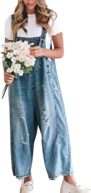 Loose Adjustable Strap Denim Bib Overall for Women Distressed Washed Wide Leg Baggy Jeans Onesies Pant