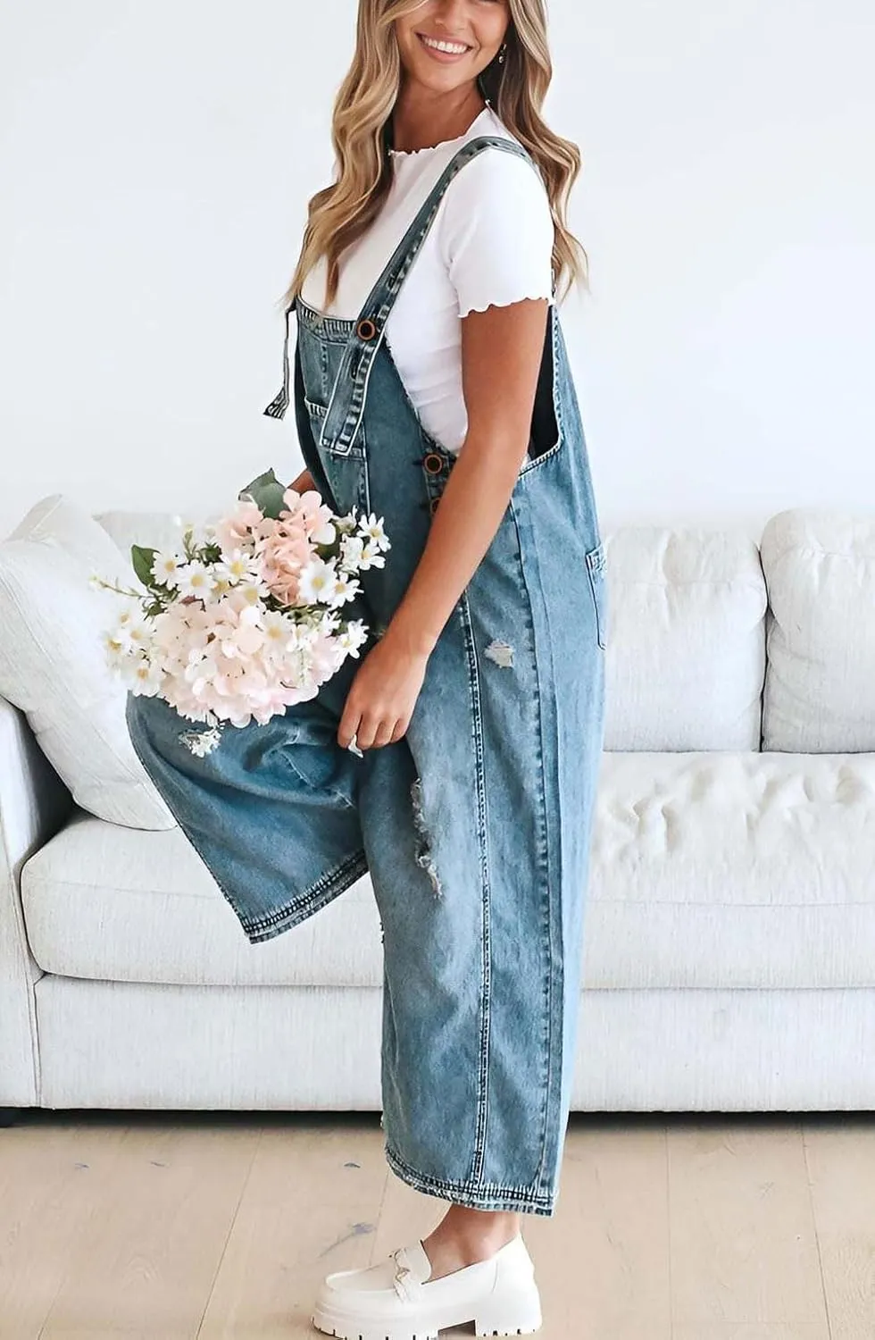 Loose Adjustable Strap Denim Bib Overall for Women Distressed Washed Wide Leg Baggy Jeans Onesies Pant