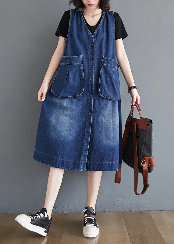 Loose Blue V Neck Pockets Patchwork Denim Waistcoat Dress Sleeveless