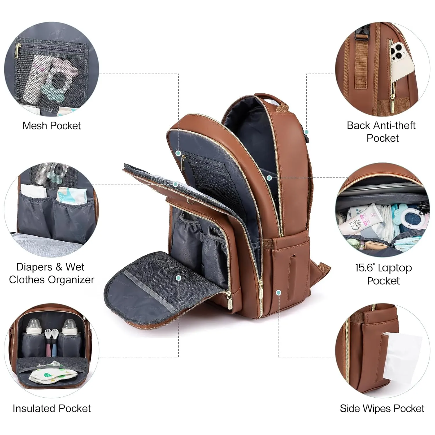 LOVEVOOK Leather Diaper Bag Backpack, Quilted Baby Bag with Changing Pad & Pacifier Holder, Waterproof Travel Diaper Bags for Baby Boys Girls, Stylish and Large Capacity, Brown
