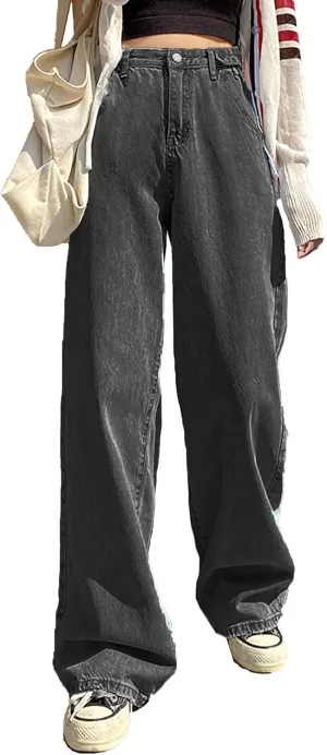 LQI Women's High Waist Baggy Boyfriend Jeans Distressed Wide Leg Denim Pants
