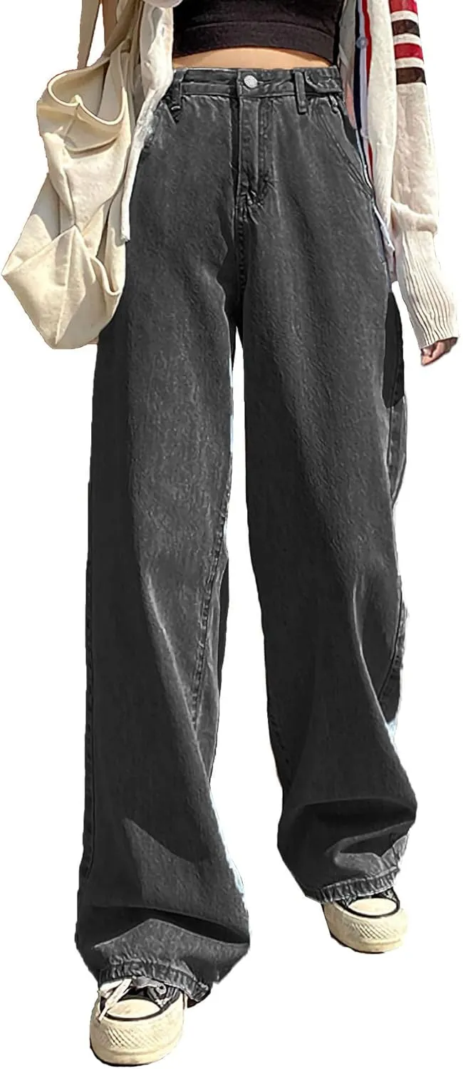 LQI Women's High Waist Baggy Boyfriend Jeans Distressed Wide Leg Denim Pants