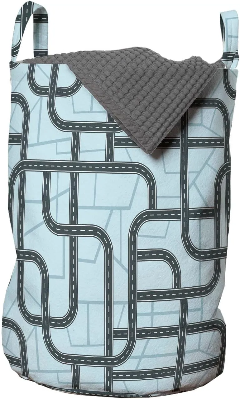 Lunarable Abstract Map Laundry Bag Pack of 2, Repeating Top View Dark Slate Toned Crossroads and Junctions Bird's Eye Style, Hamper Basket with Handles Drawstring Closure, 13" x 19", Blue Teal