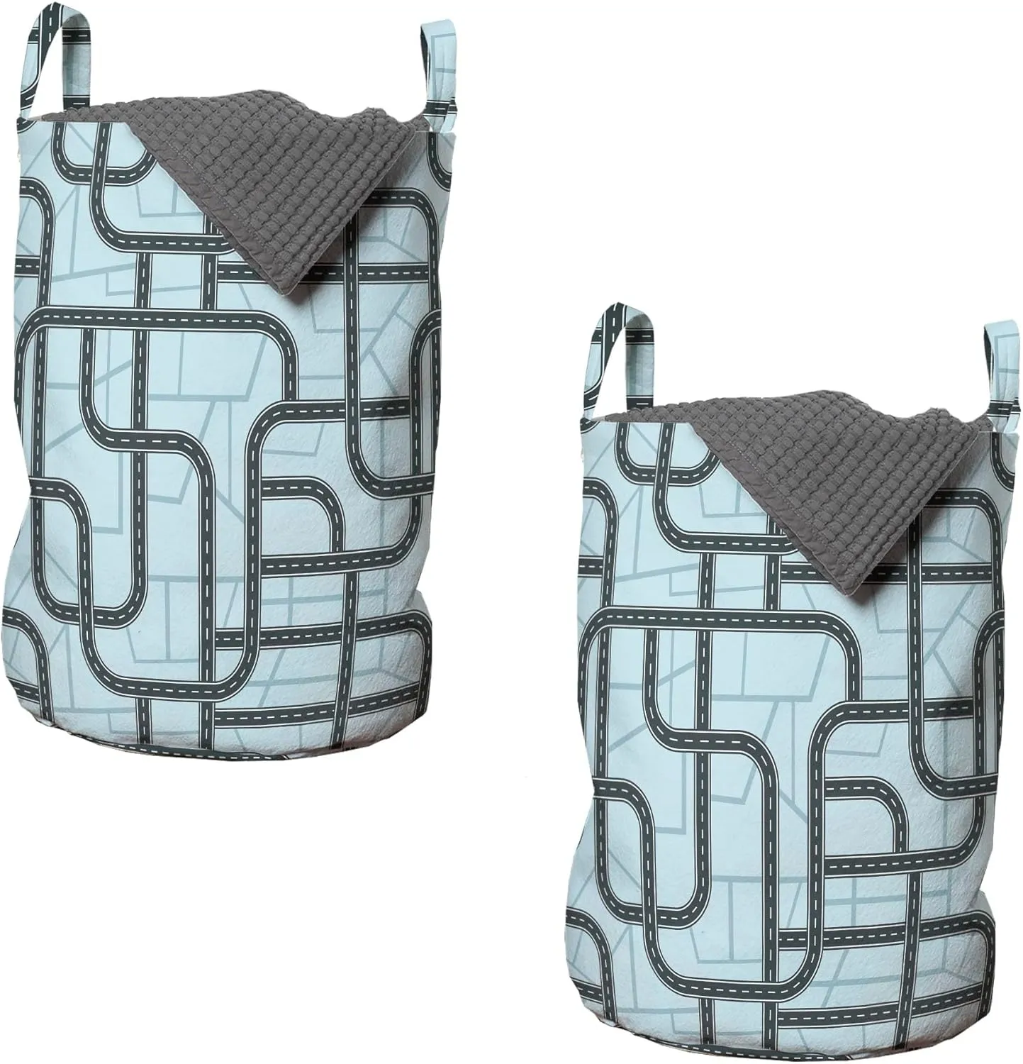 Lunarable Abstract Map Laundry Bag Pack of 2, Repeating Top View Dark Slate Toned Crossroads and Junctions Bird's Eye Style, Hamper Basket with Handles Drawstring Closure, 13" x 19", Blue Teal