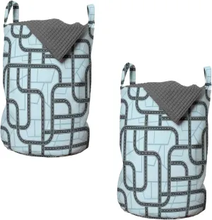 Lunarable Abstract Map Laundry Bag Pack of 2, Repeating Top View Dark Slate Toned Crossroads and Junctions Bird's Eye Style, Hamper Basket with Handles Drawstring Closure, 13" x 19", Blue Teal