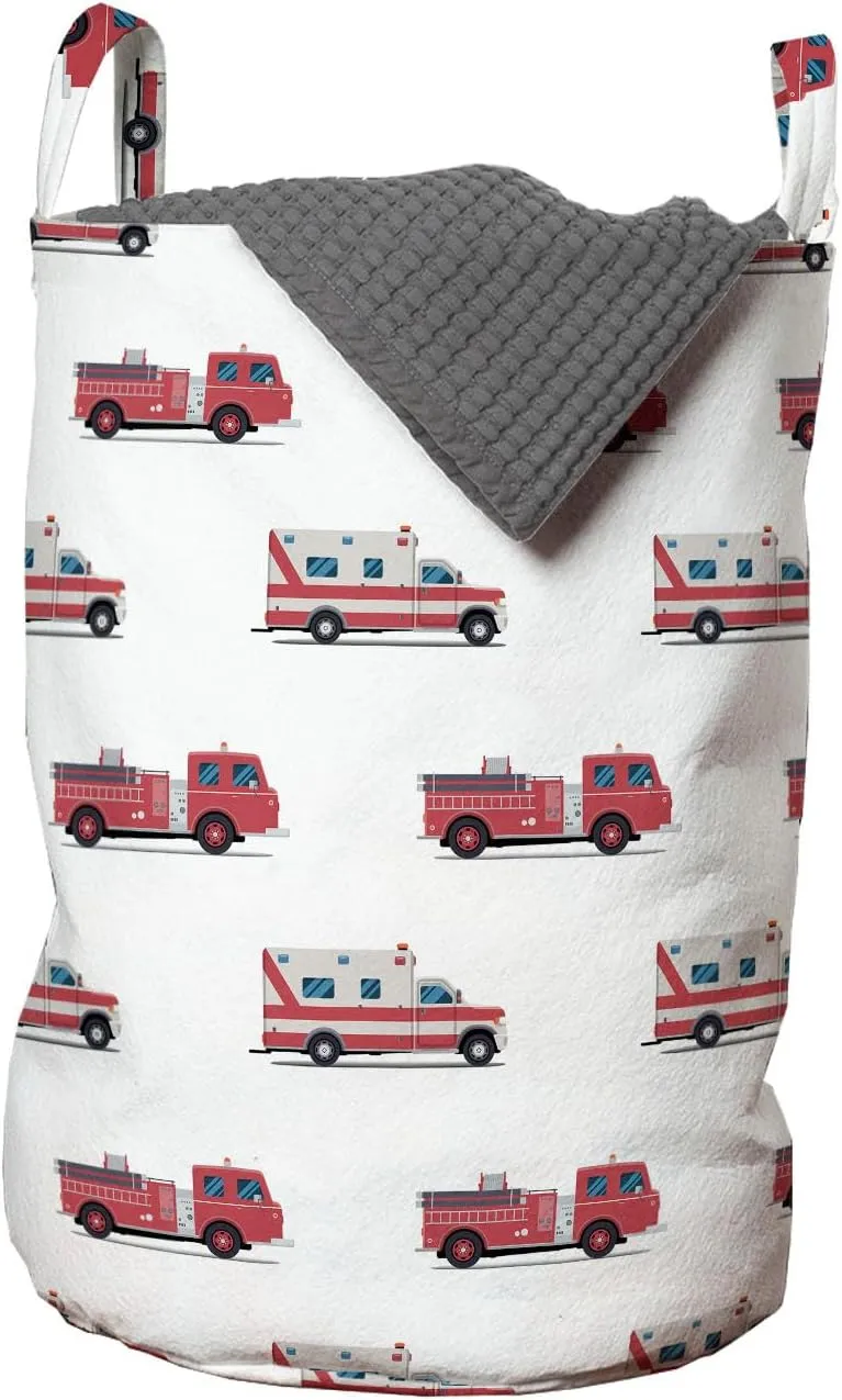Lunarable Truck Laundry Bag Pack of 2, Pattern of The Engines and Security Safety and Rescue Vehicles Art, Hamper Basket with Handles Drawstring Closure, 13" x 19", Ruby