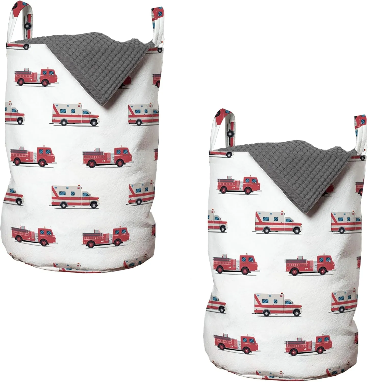 Lunarable Truck Laundry Bag Pack of 2, Pattern of The Engines and Security Safety and Rescue Vehicles Art, Hamper Basket with Handles Drawstring Closure, 13" x 19", Ruby