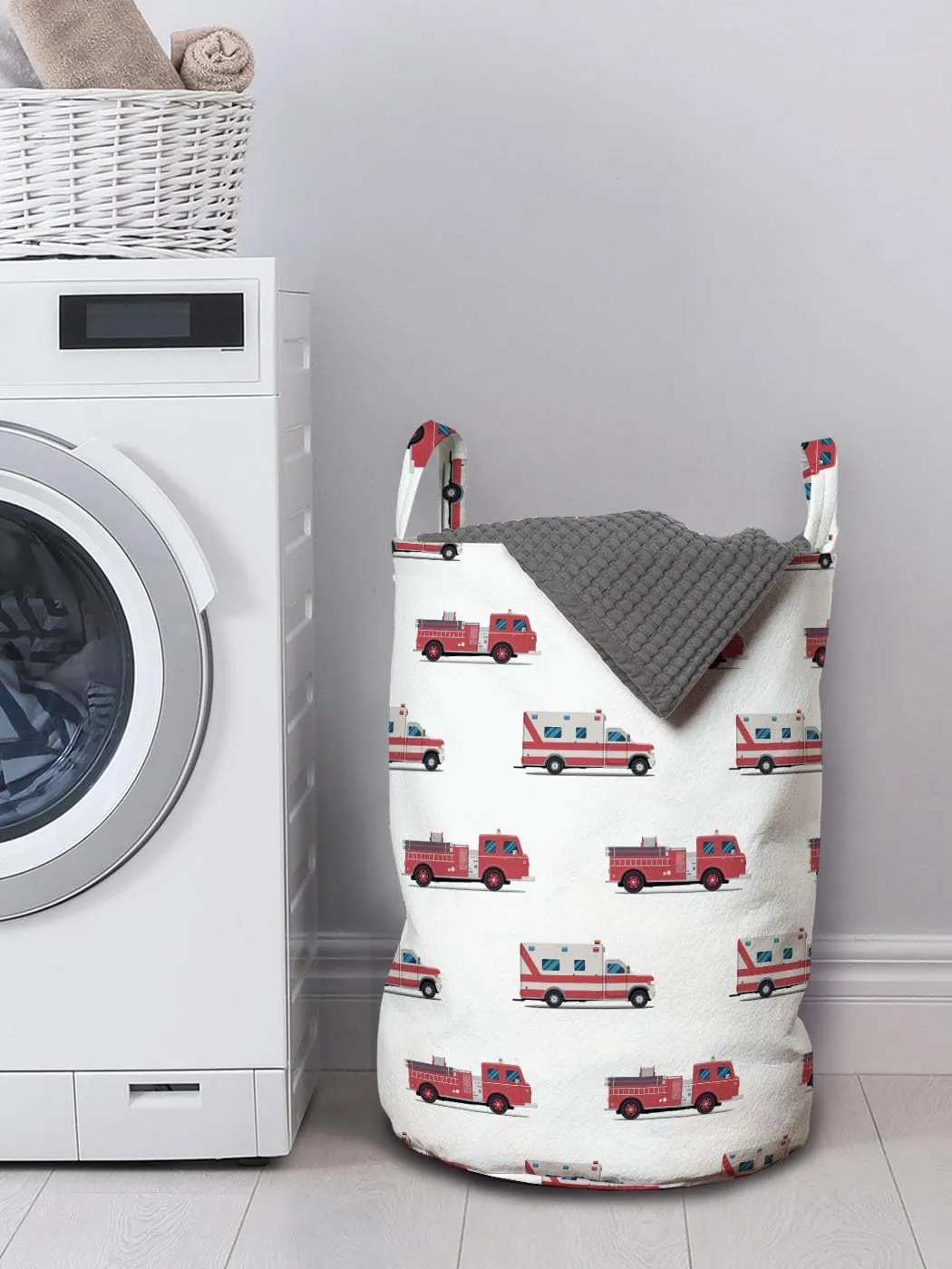 Lunarable Truck Laundry Bag Pack of 2, Pattern of The Engines and Security Safety and Rescue Vehicles Art, Hamper Basket with Handles Drawstring Closure, 13" x 19", Ruby