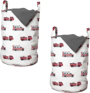 Lunarable Truck Laundry Bag Pack of 2, Pattern of The Engines and Security Safety and Rescue Vehicles Art, Hamper Basket with Handles Drawstring Closure, 13" x 19", Ruby
