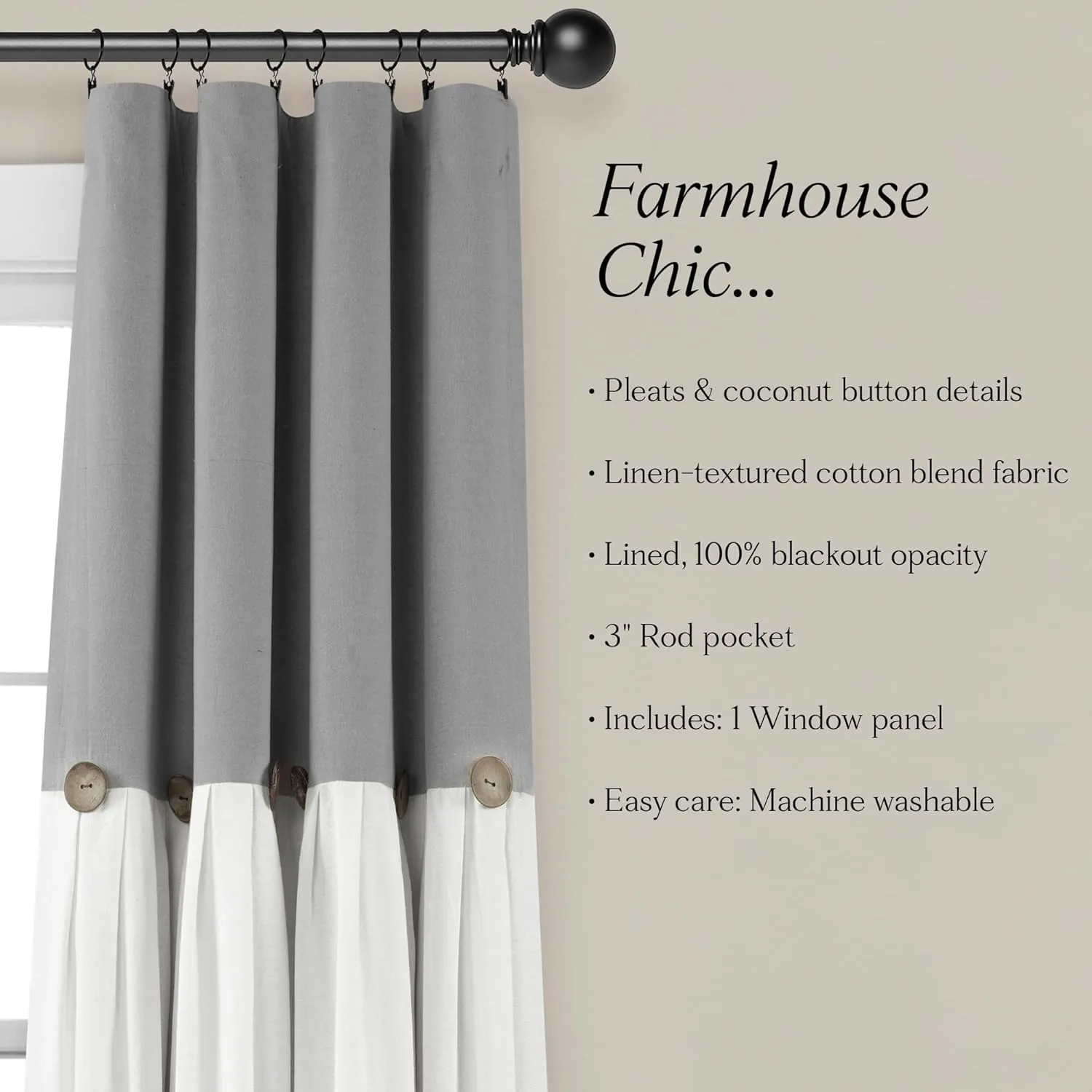 Lush Decor Linen Button 100% Blackout Window Curtain Panel, Single, 40" W x 84" L, Dark Gray & White - Blackout Curtains - Rustic Decor - Country Farmhouse Curtains For Bedroom