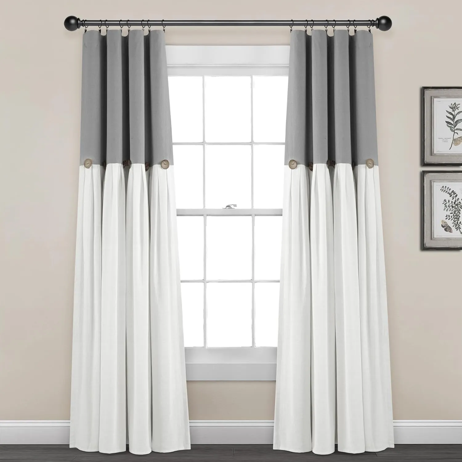 Lush Decor Linen Button 100% Blackout Window Curtain Panel, Single, 40" W x 84" L, Dark Gray & White - Blackout Curtains - Rustic Decor - Country Farmhouse Curtains For Bedroom