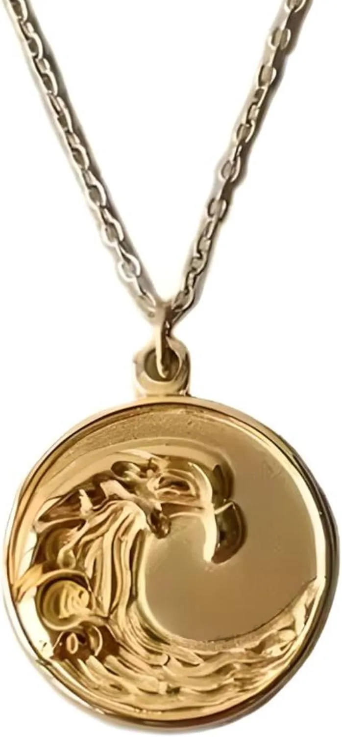 LUSSO 18k Yellow Gold Vintage Wave Necklace For Women, Embossed Coin Pendant Surfing Wave Necklace - Elegant Ocean Wave Chain Necklace, Wave Pendant Necklace