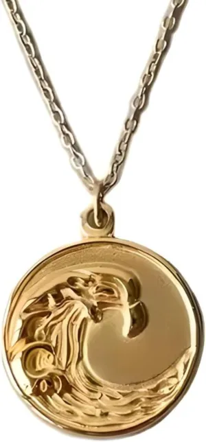 LUSSO 18k Yellow Gold Vintage Wave Necklace For Women, Embossed Coin Pendant Surfing Wave Necklace - Elegant Ocean Wave Chain Necklace, Wave Pendant Necklace