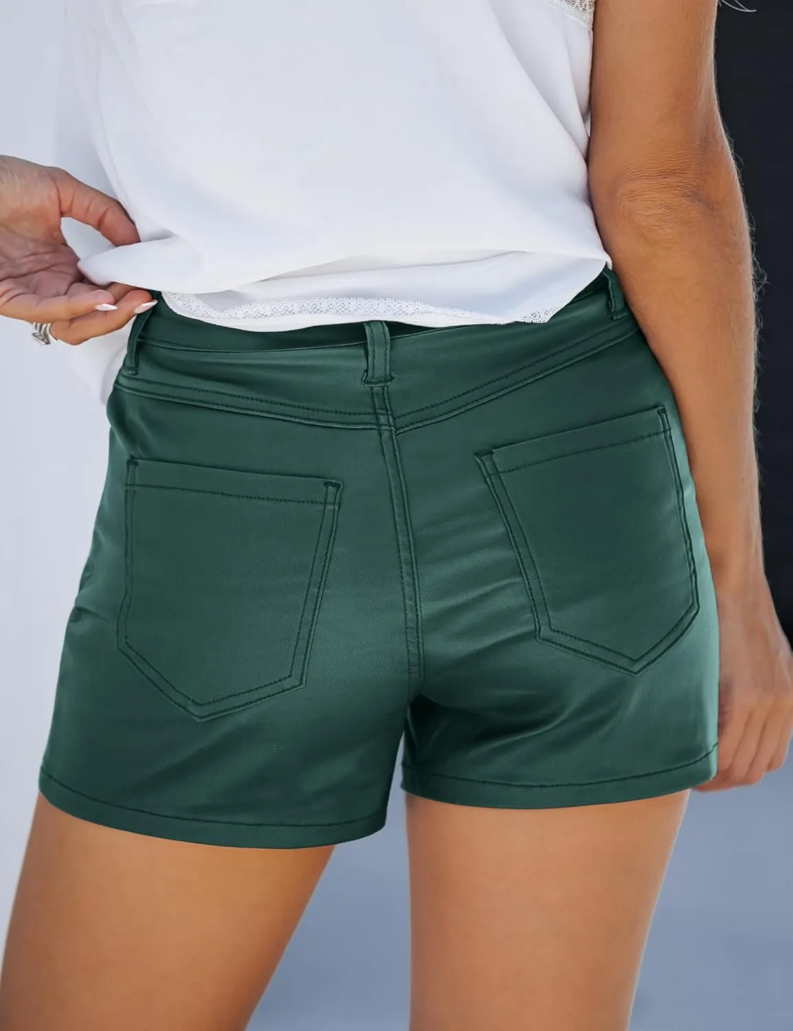 luvamia Womens Shorts Trendy High Waisted Faux Leather Look Stretchy Jean Shorts Short Denim Pants with Pockets Comfy