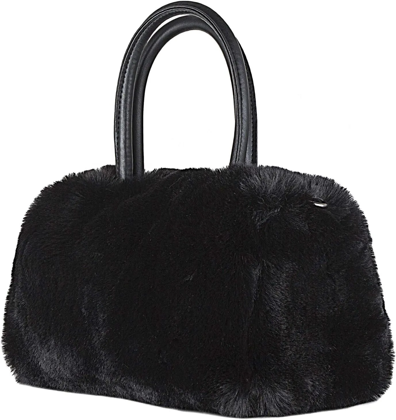 Luxe L 100% Faux Fur Bowler Bag for Women Soft Modern Top-Handle Handbag with Detachable and Adjustable Faux-Leather Strap